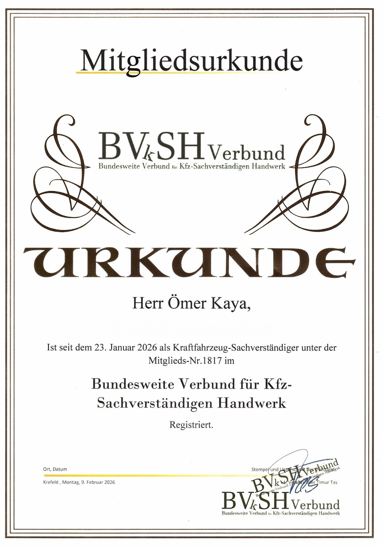 BVkSH Verbund – Mitgliedsurkunde Nr. 1817 für Ömer Kaya