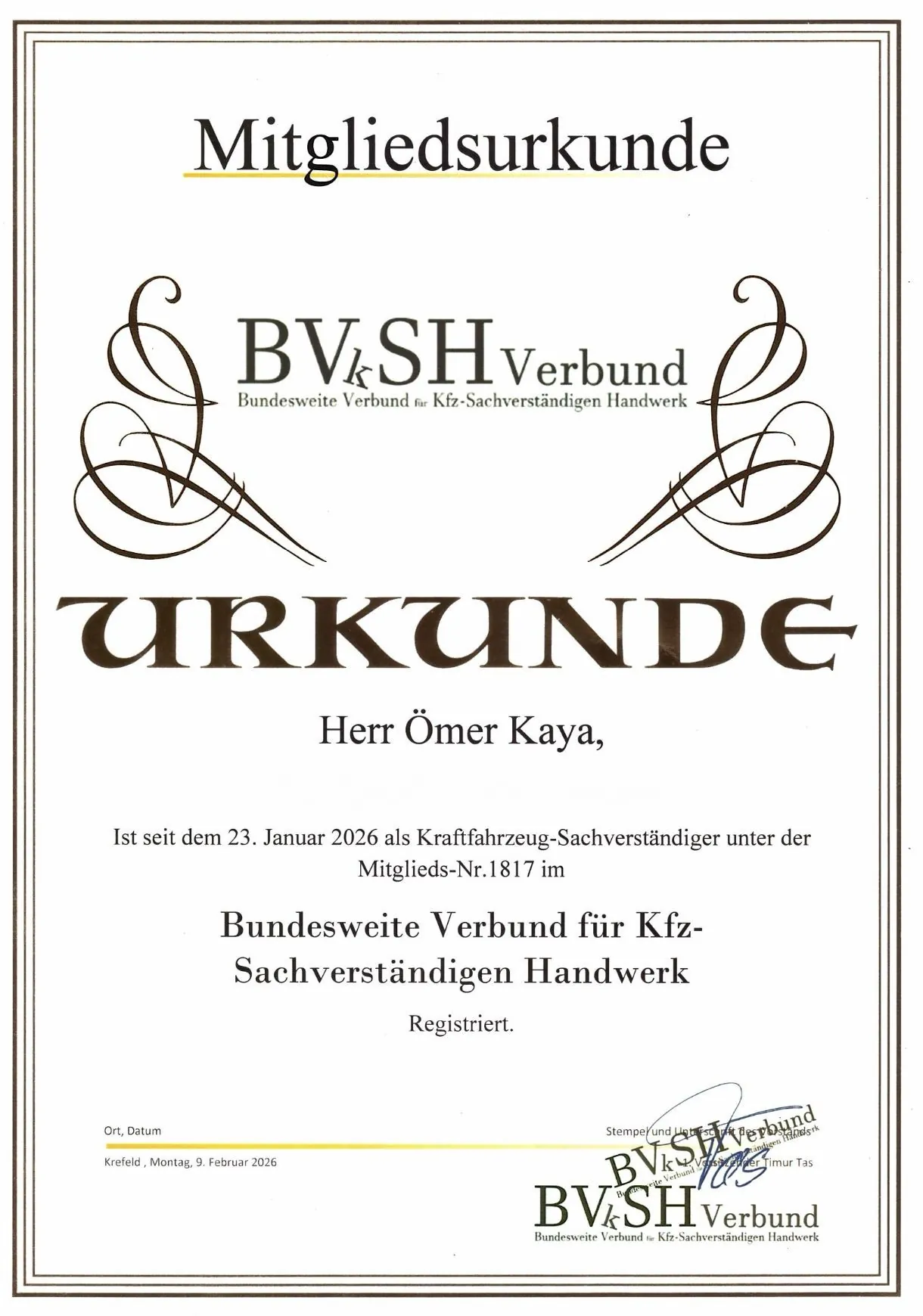 BVkSH Verbund – Mitgliedsurkunde