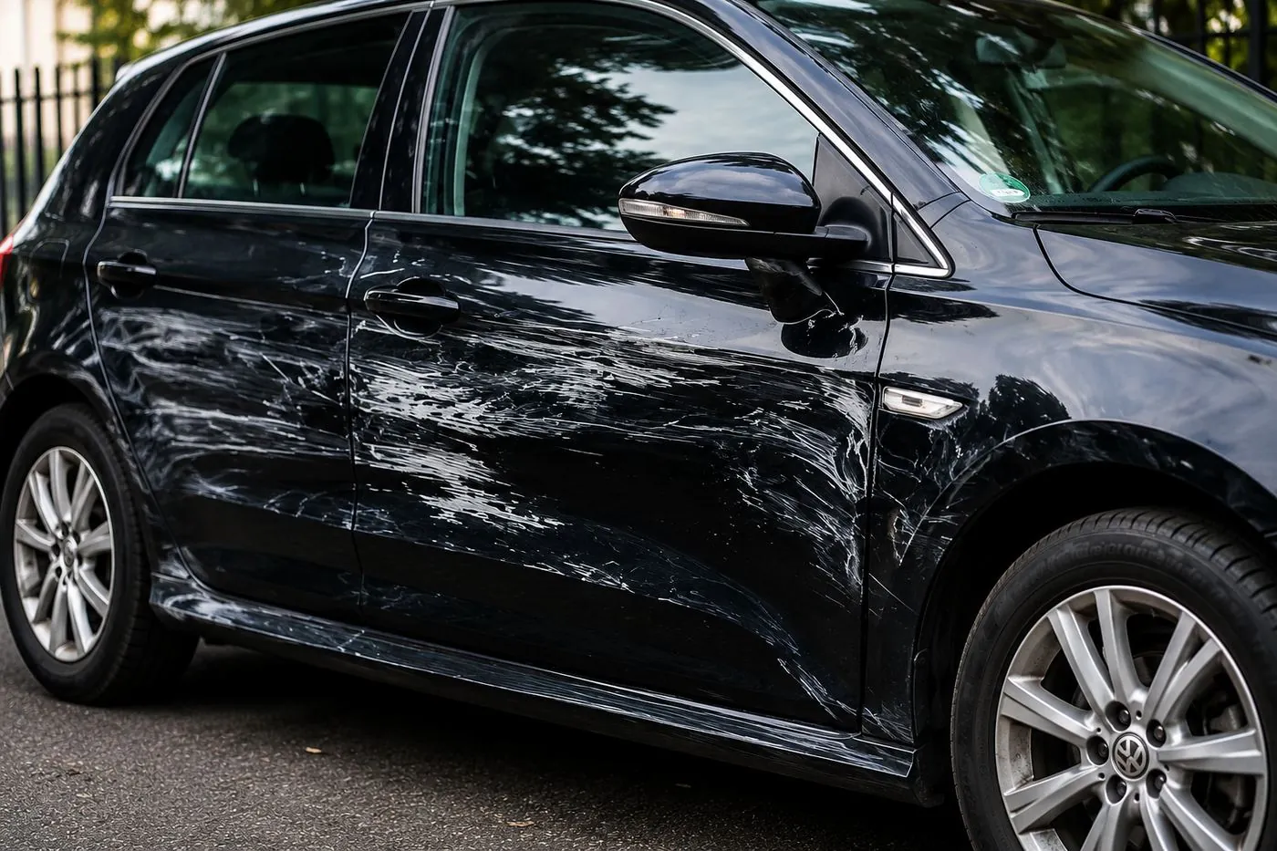 Lackschaden an schwarzem Auto – dokumentiert vom Kfz-Gutachter in Frankfurt