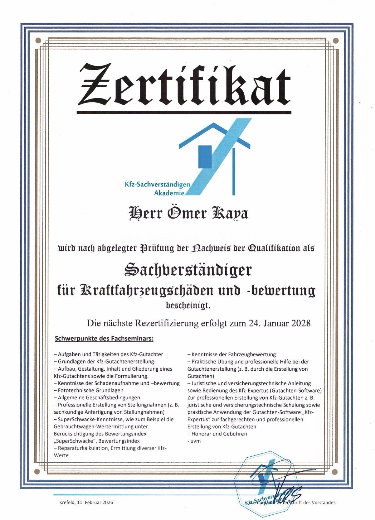 Zertifikat der Kfz-Sachverständigen-Akademie: Ömer Kaya, Sachverständiger für Kraftfahrzeugschäden und -bewertung